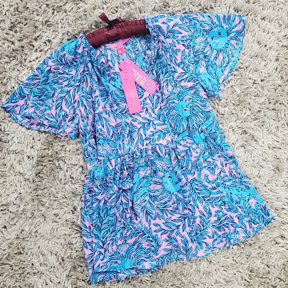Lilly Pulitzer NWT Blue/Pink Floral Short Sleeve Top with Tassles Size S